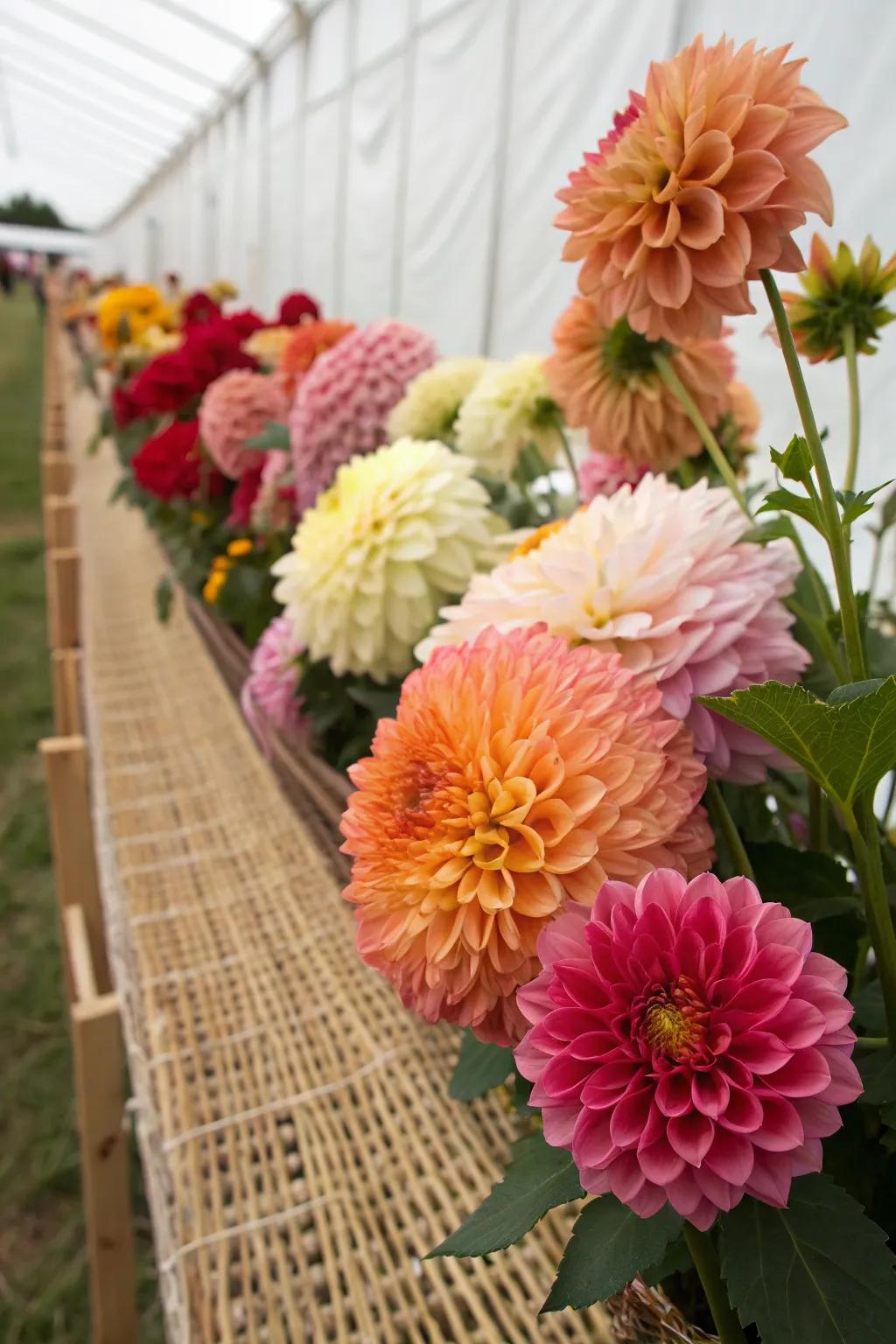 The Florida weave providing structured support for dahlia rows.