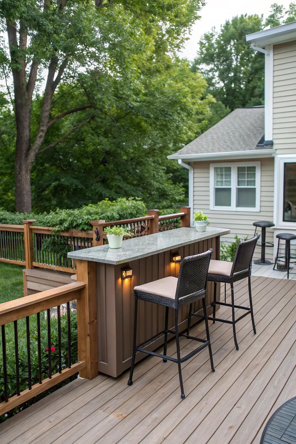 A simple outdoor bar setup makes this deck a hub for entertaining.