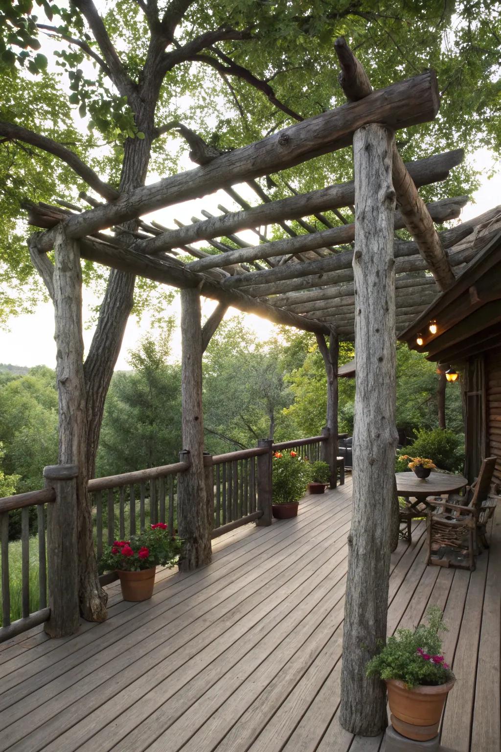 Rustic log canopies add a natural and rugged charm.