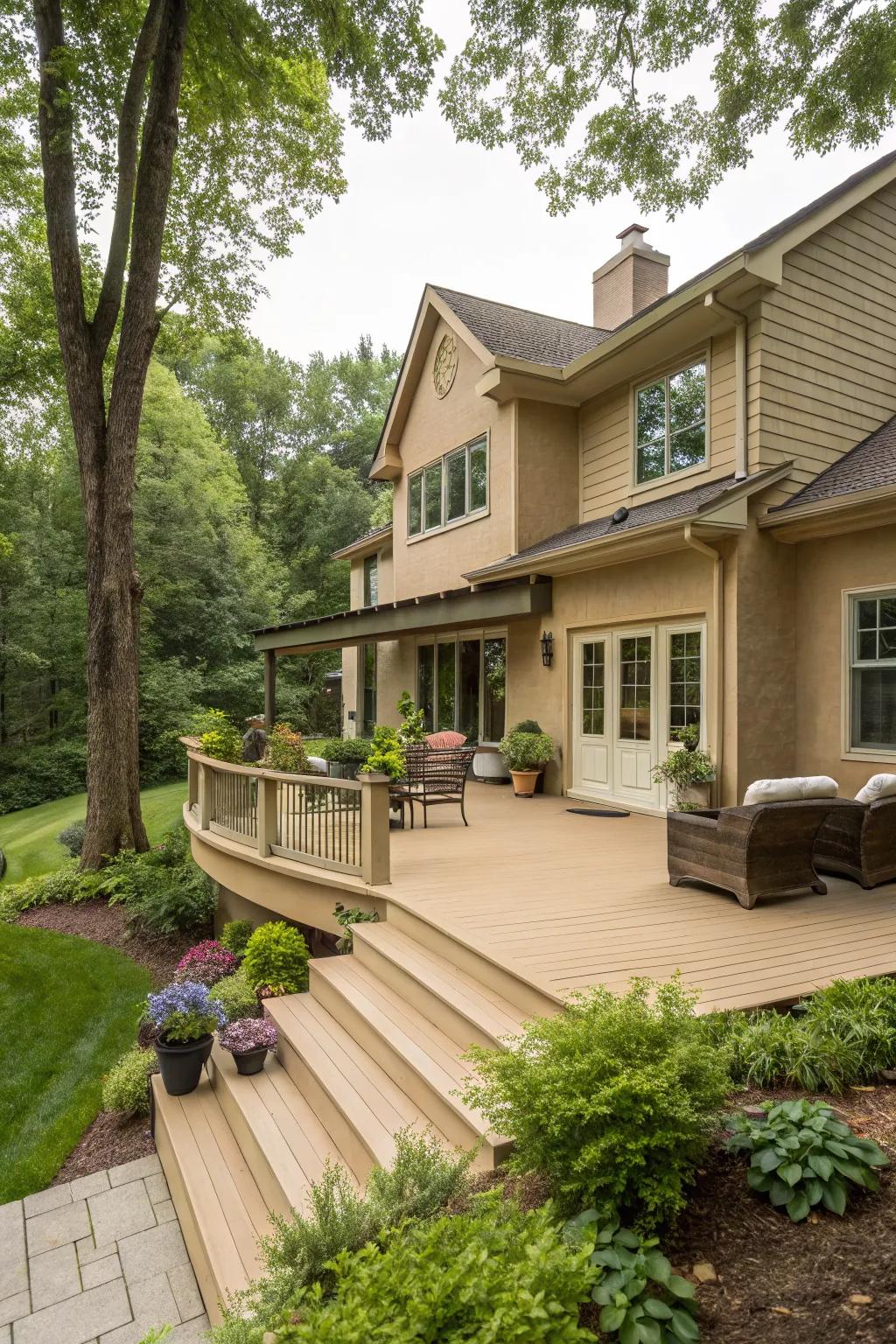 Sandstone beige decks offer natural continuity and elegance.