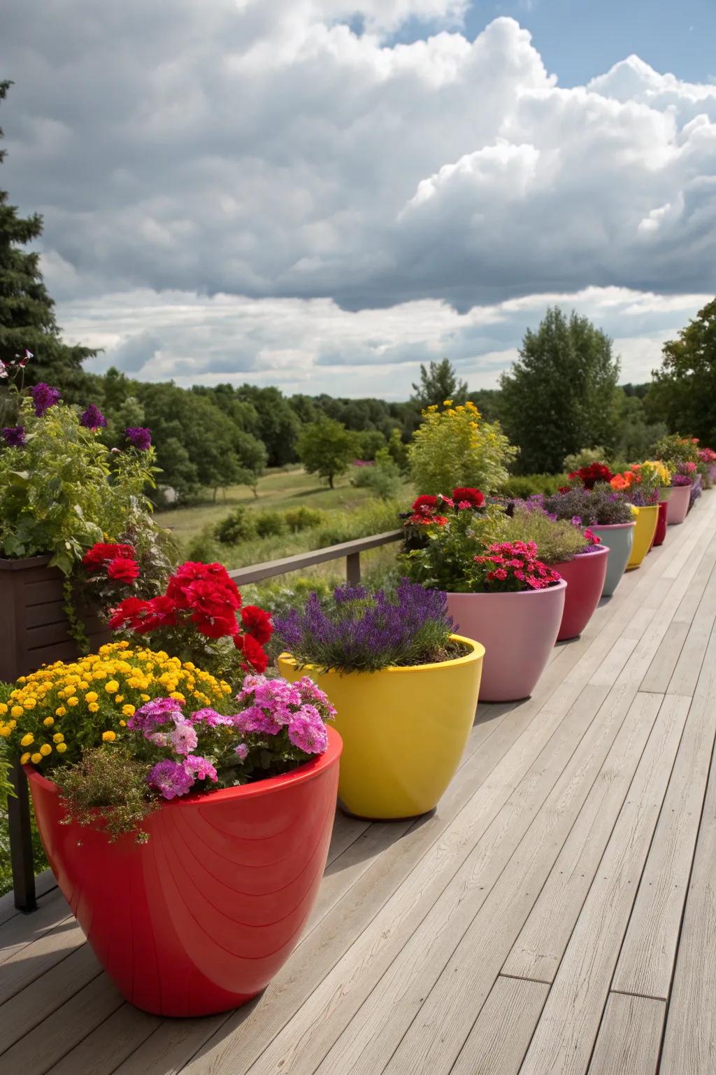 Colorful planters bring vibrancy to your deck garden.
