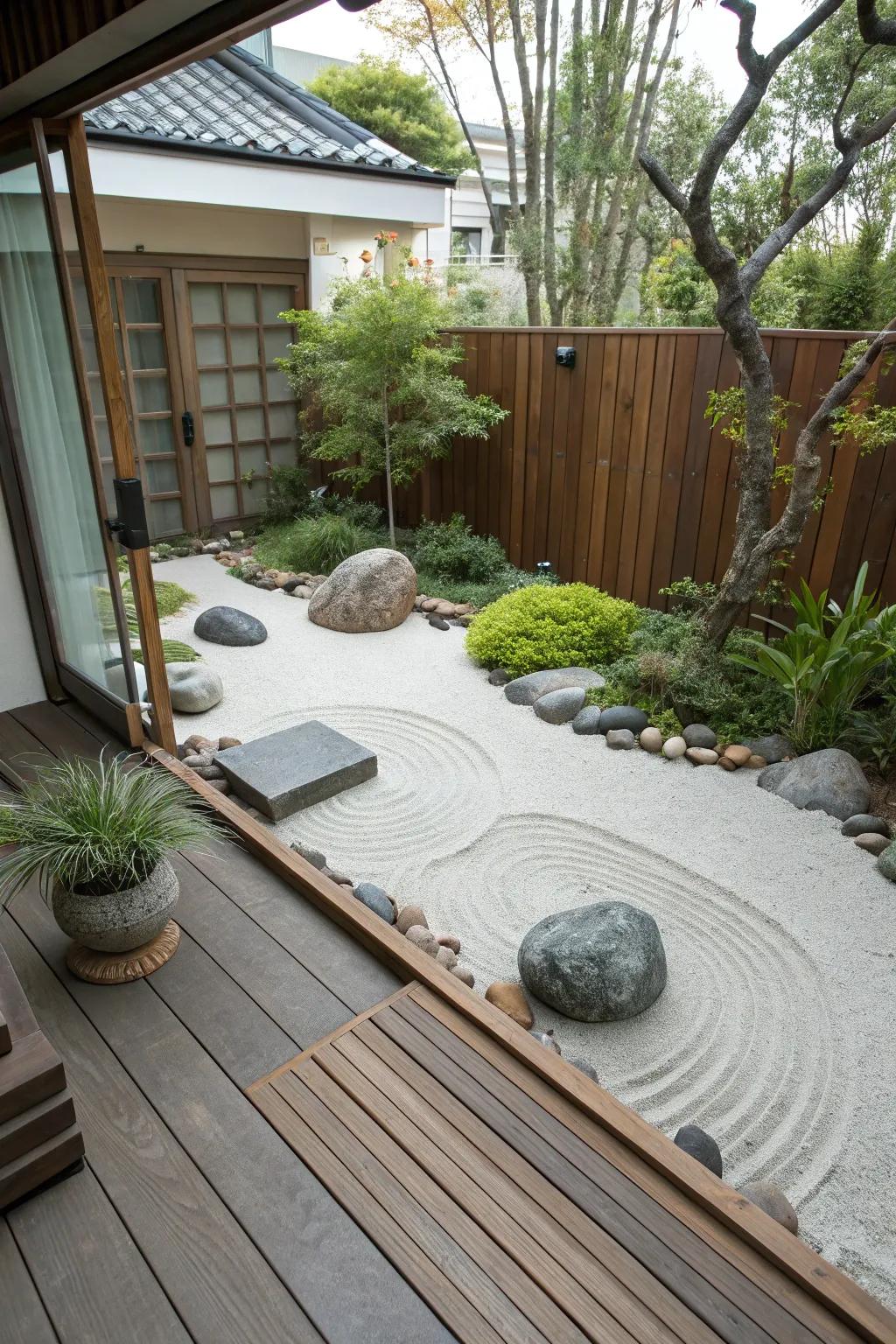 A tranquil Zen garden corner on the deck.