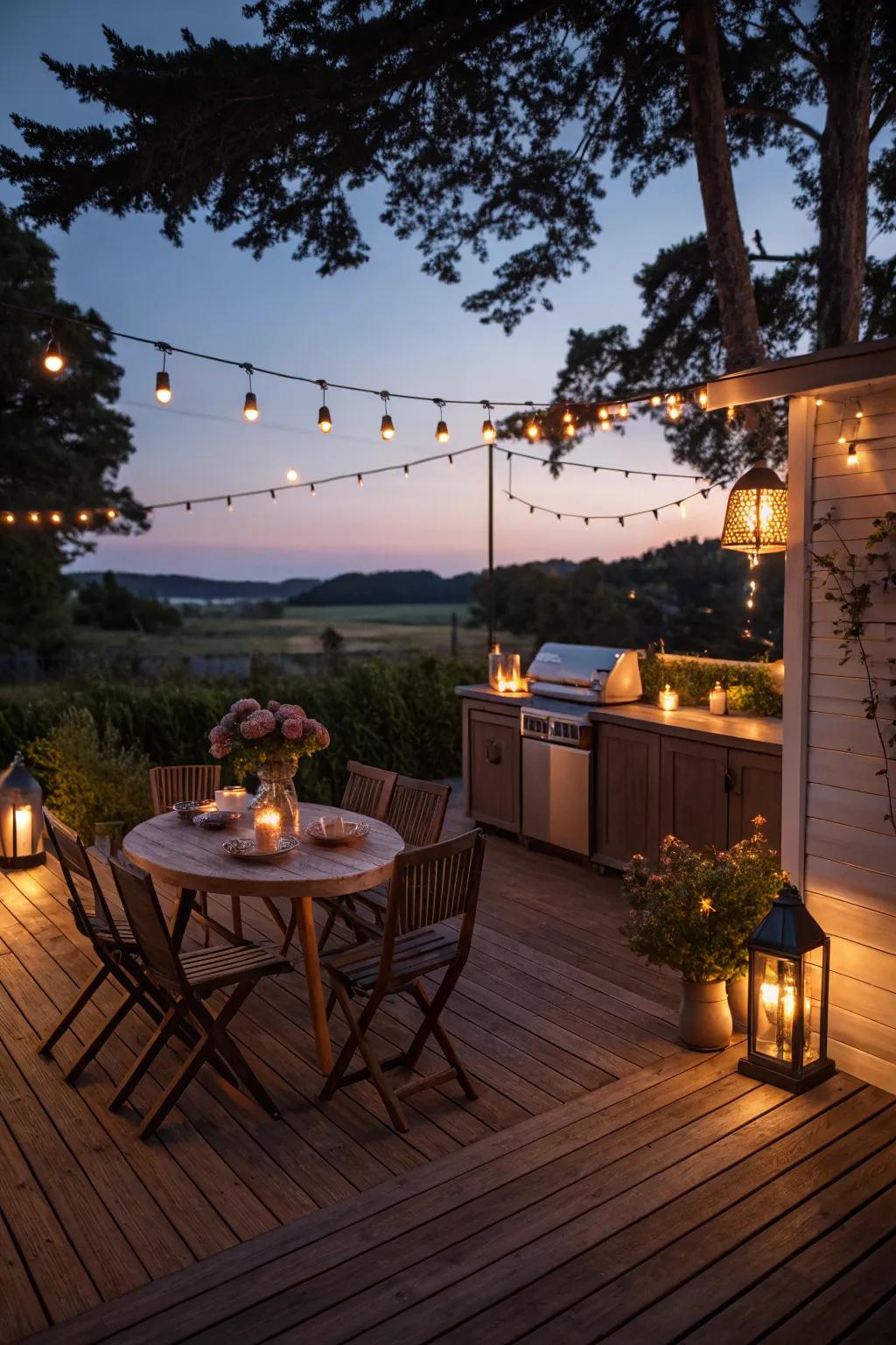 Lighting sets the mood for your deck kitchen during the evening.