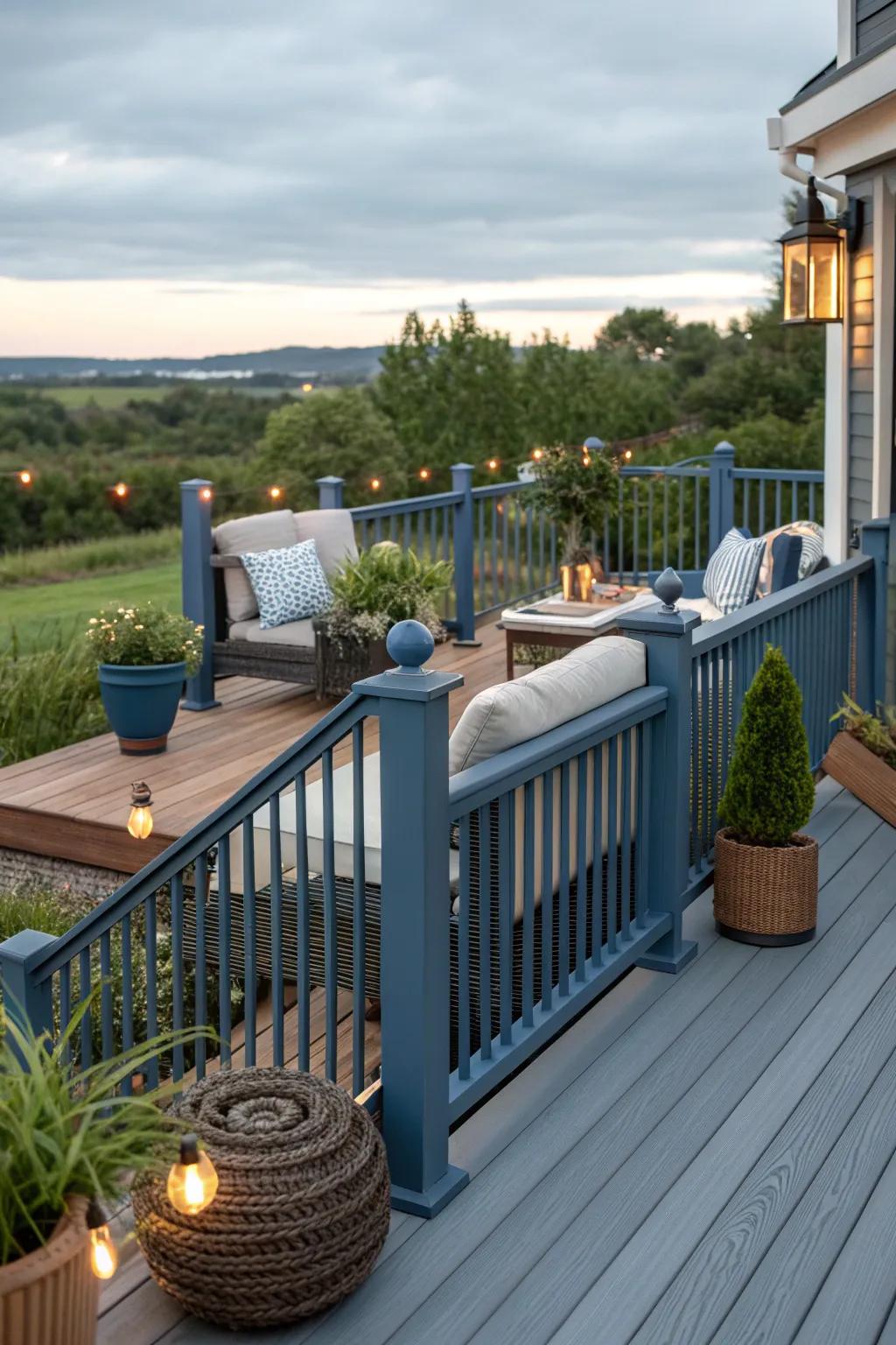 Slate blue railings offer a sophisticated touch to any deck.