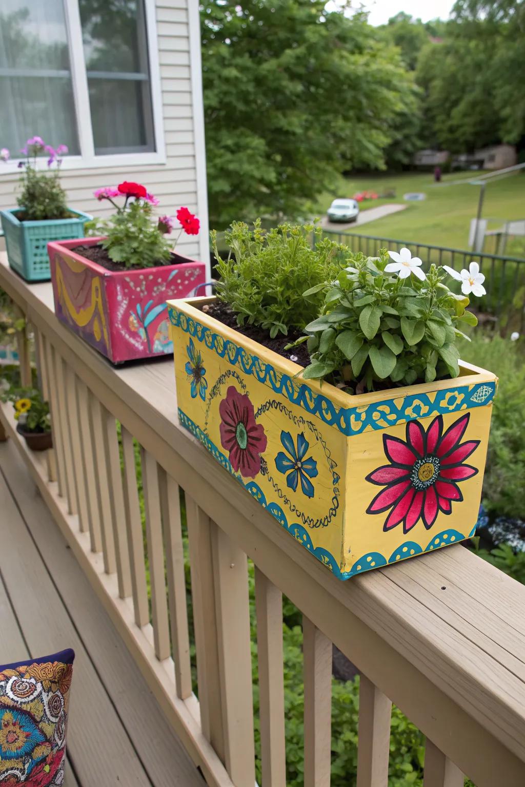 DIY painted planters allow you to express creativity on your deck.