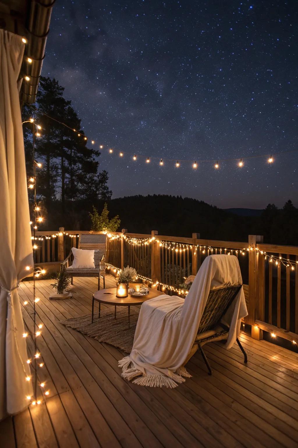 Twinkle lights mimic a starry night on the deck.