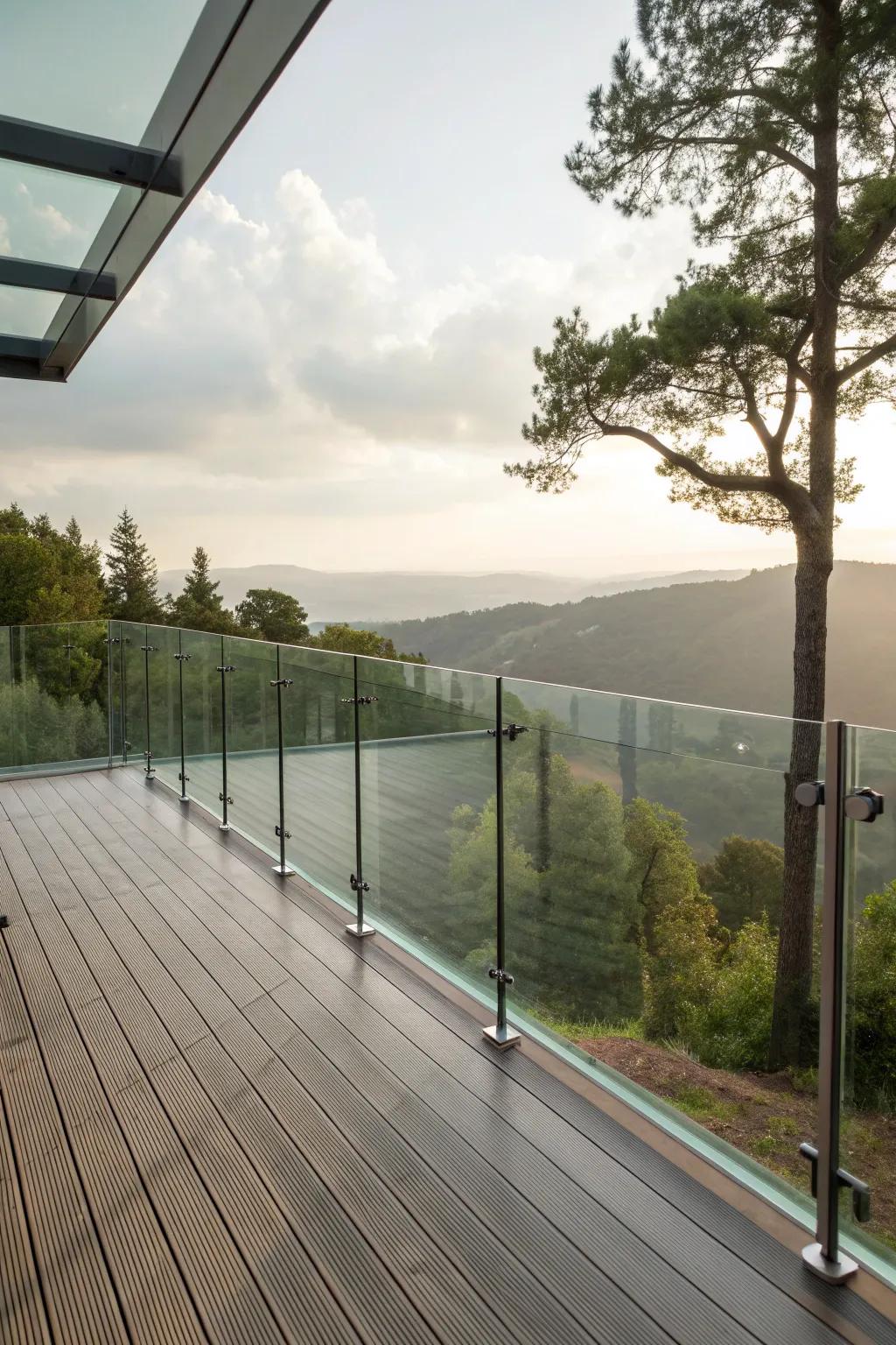 A deck with elegant glass railings for a seamless view of the outdoors.