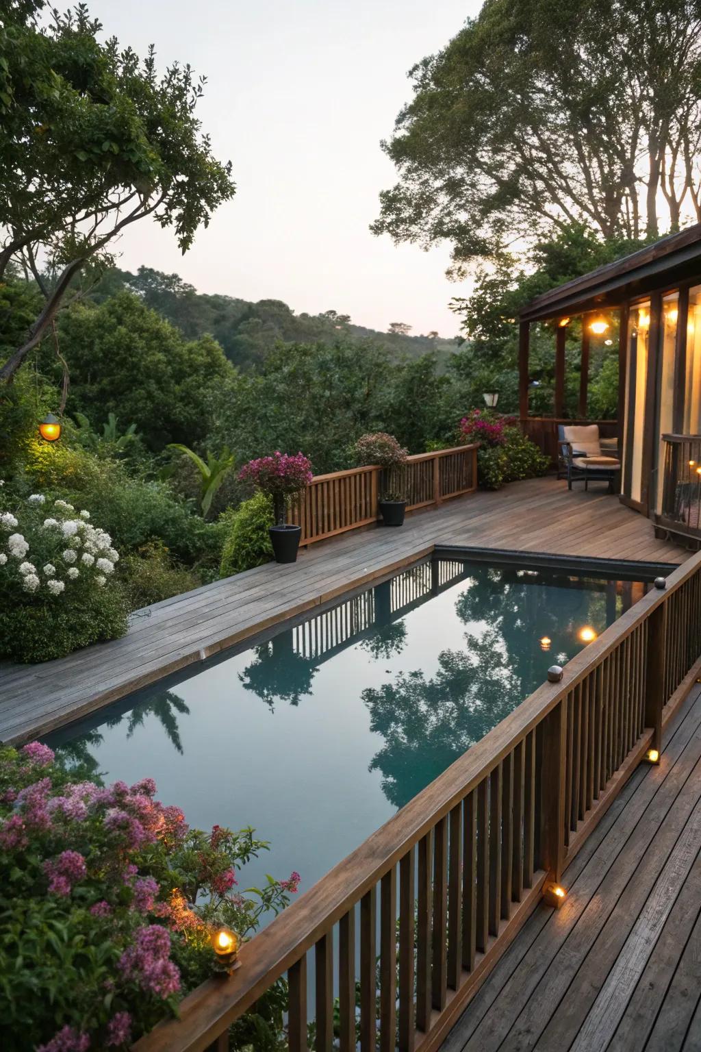 A reflective pool mirrors the sky and adds depth to your deck.