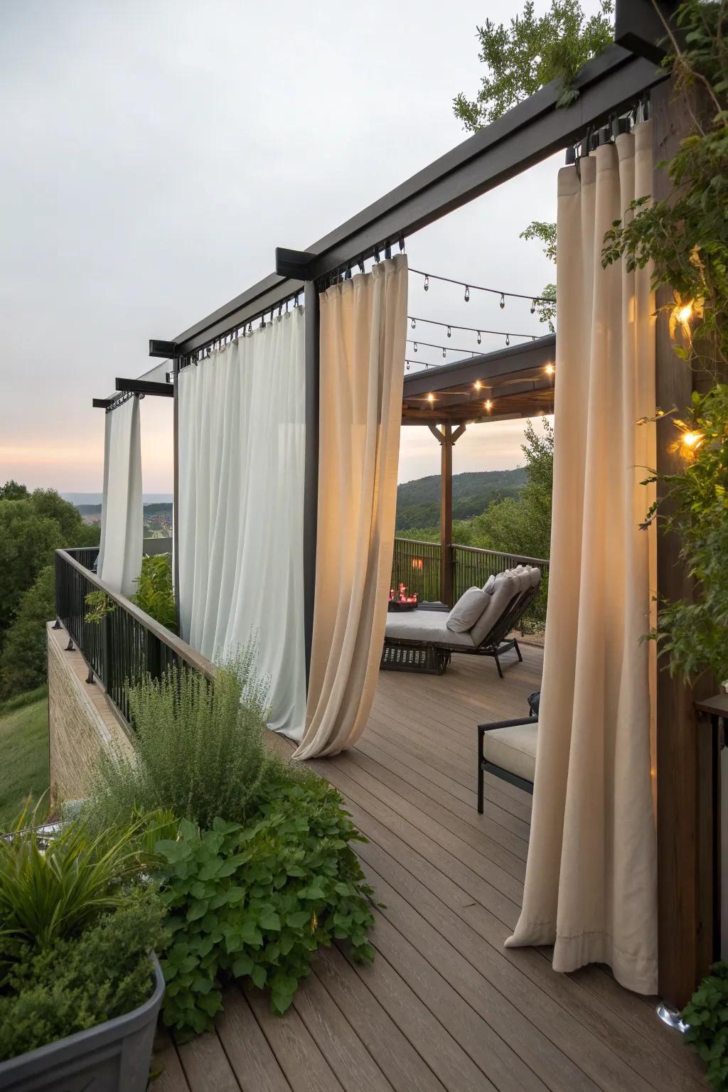 Outdoor curtains add elegance and adjustable privacy to the deck.