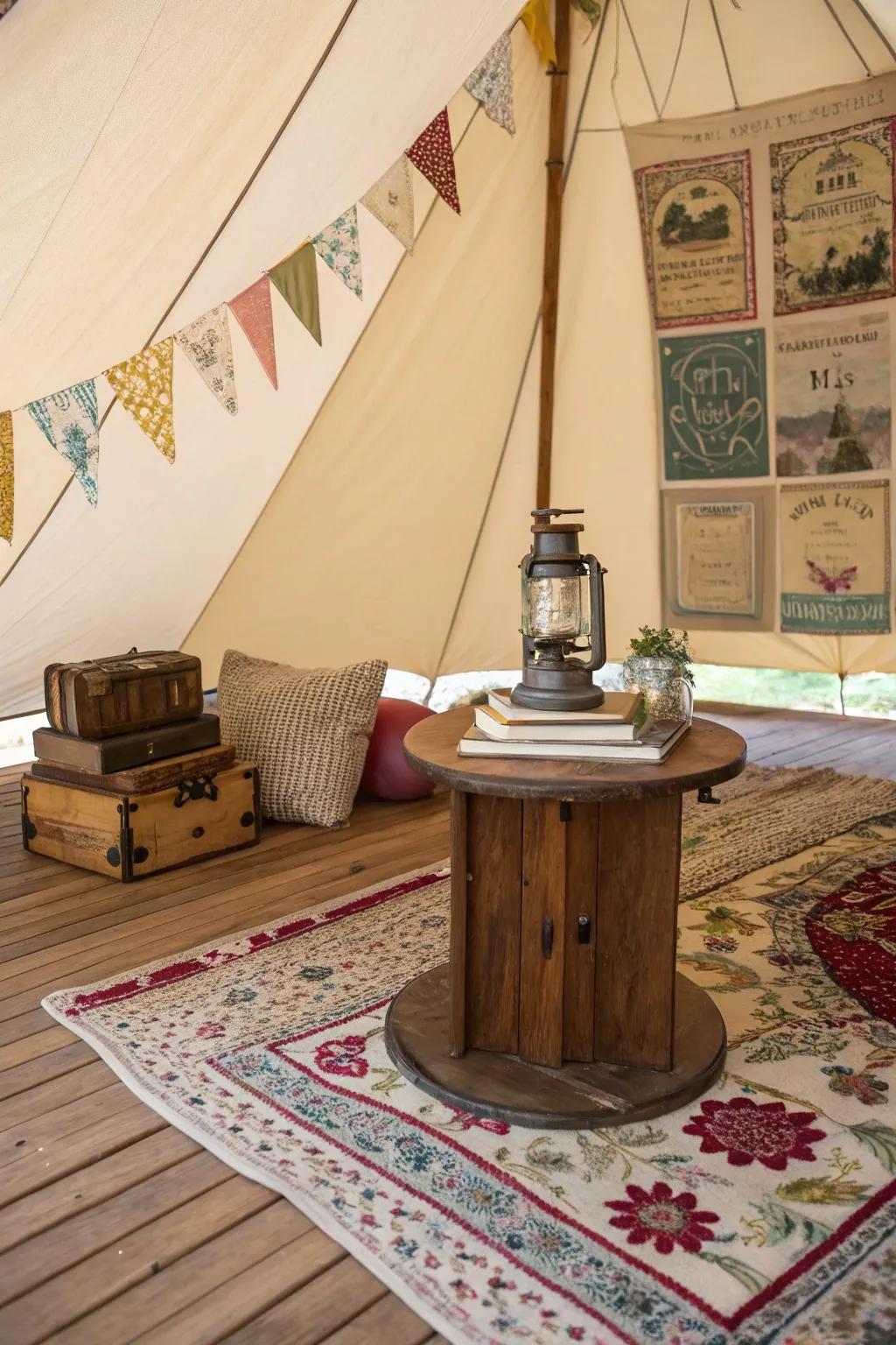 Vintage-inspired decor brings character and charm to this tent.