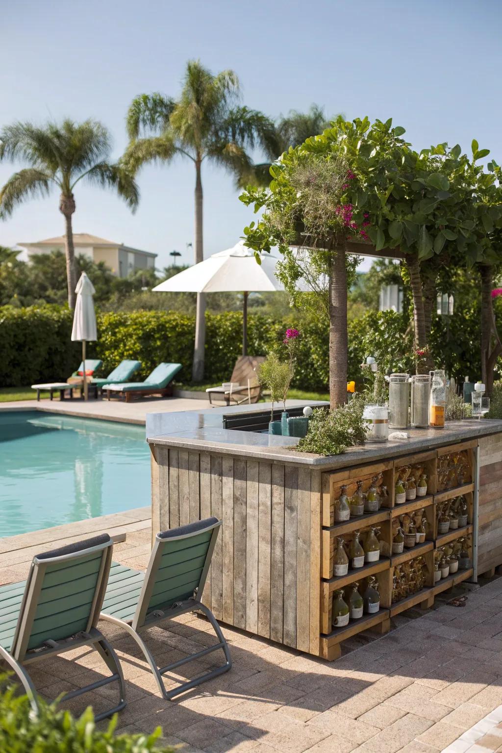A DIY bar brings functionality and style to the poolside.