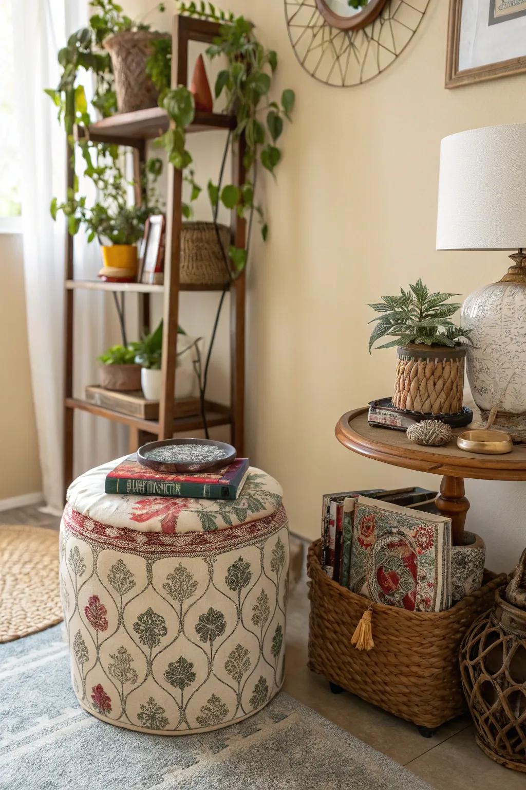 A crafty room where a garden stool offers hidden storage solutions.