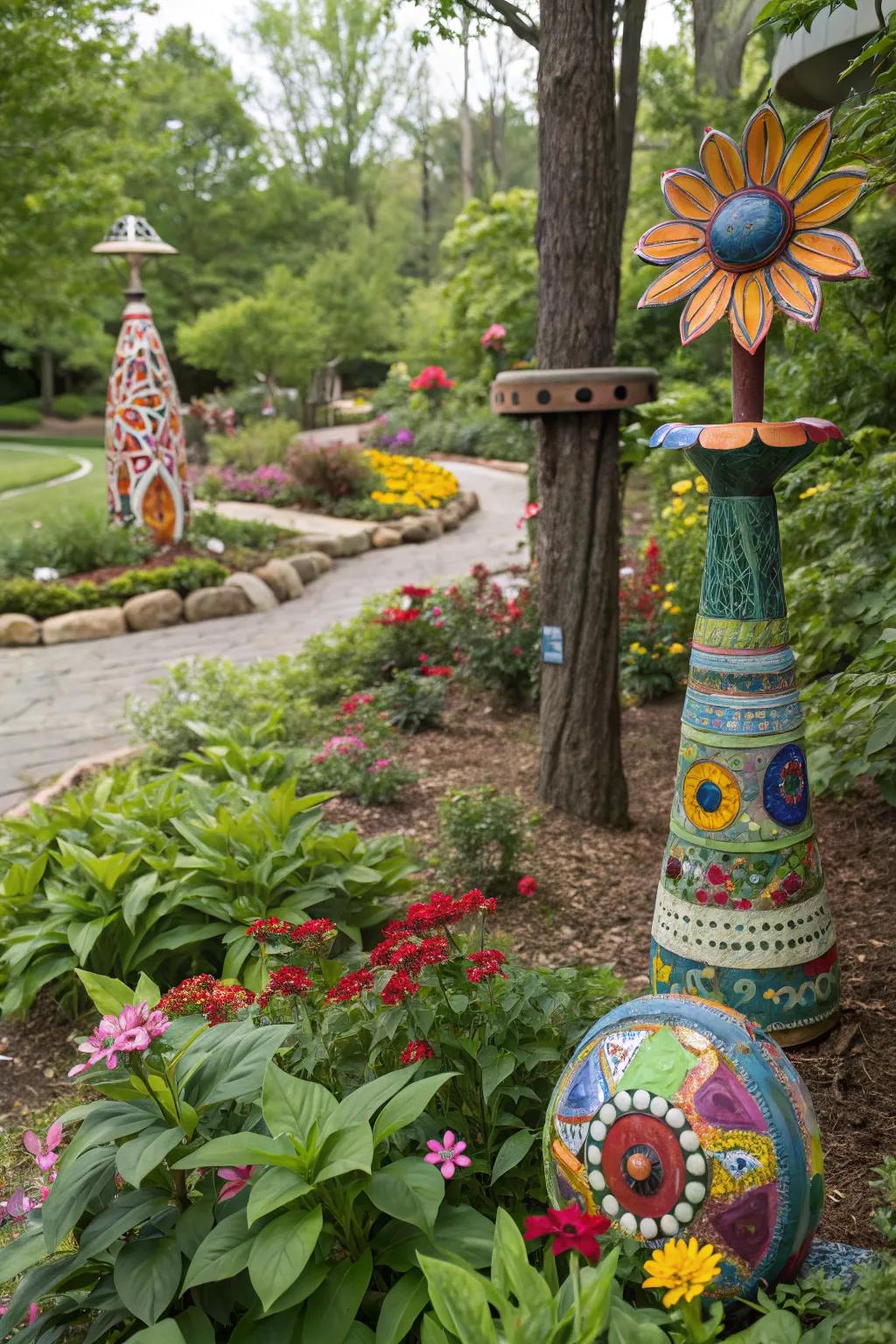 Vibrant garden art pieces add playful pops of color.