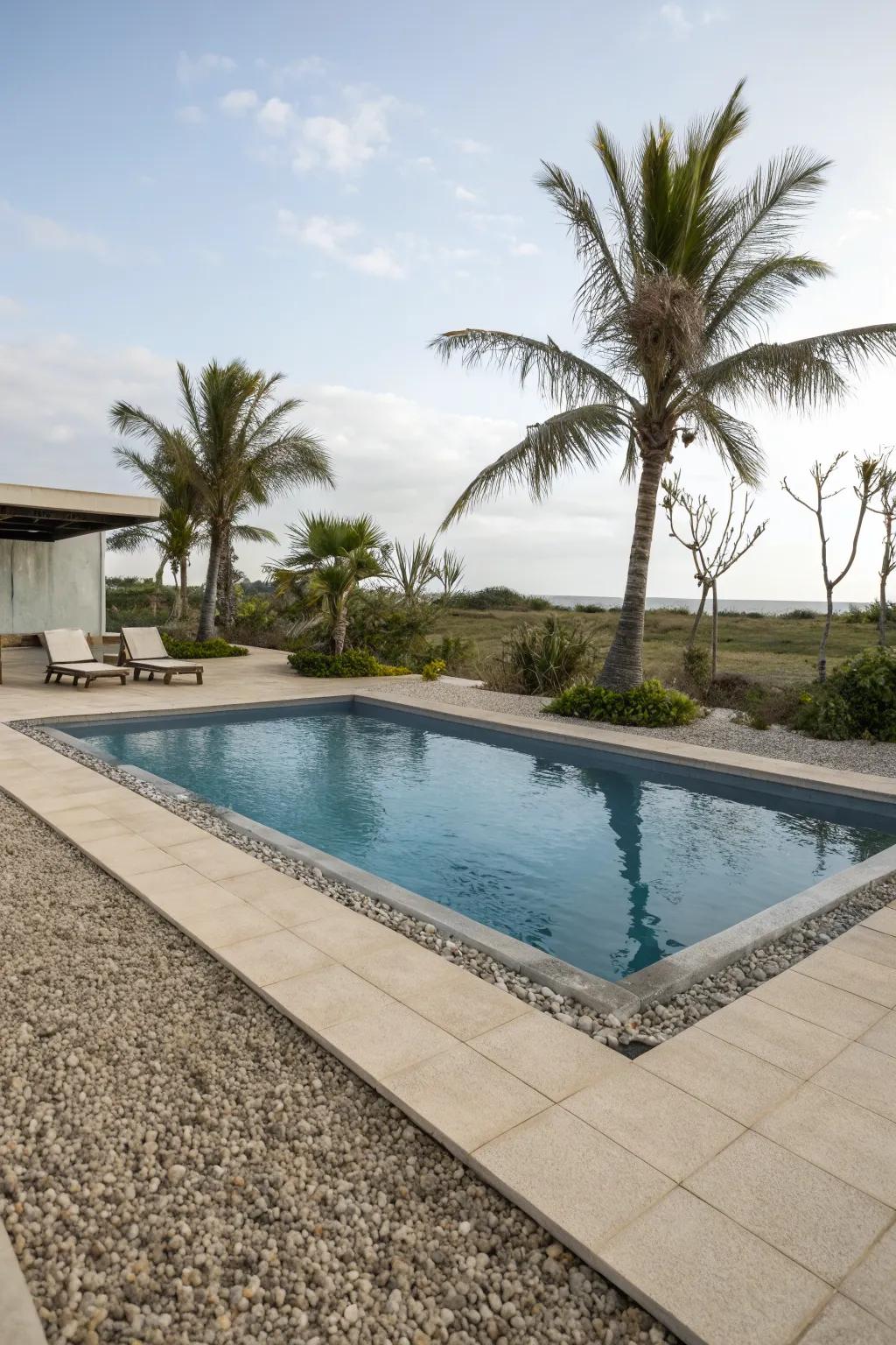 A luxurious pool deck crafted from decorative gravel.