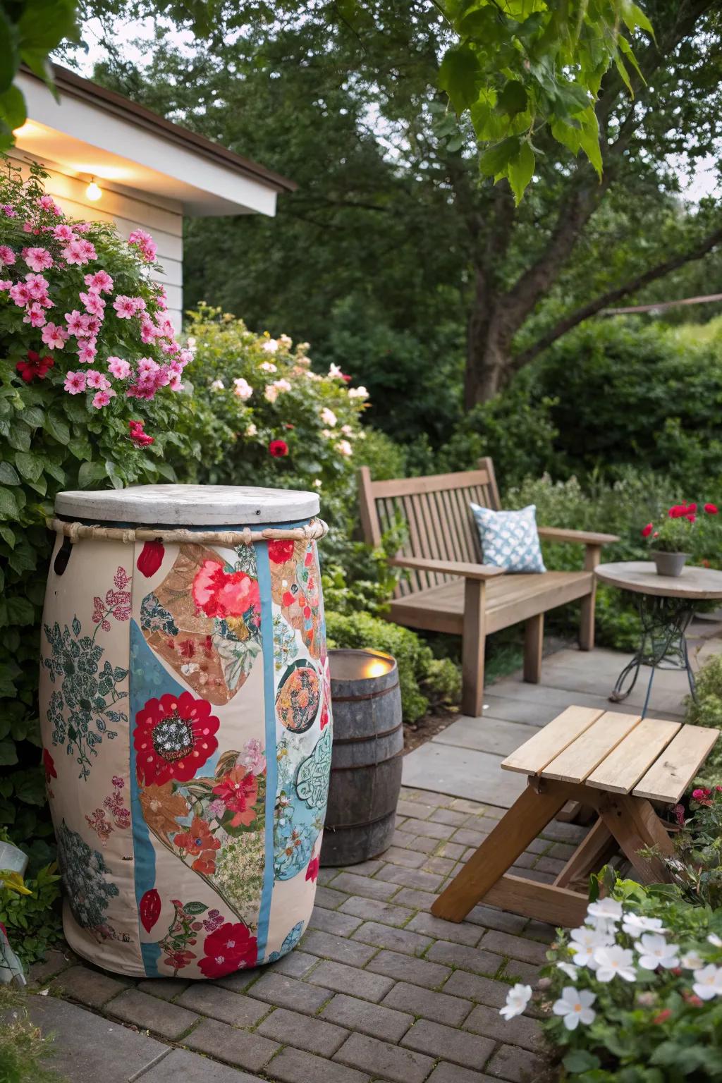 Seasonal style with a textile-wrapped rain barrel.