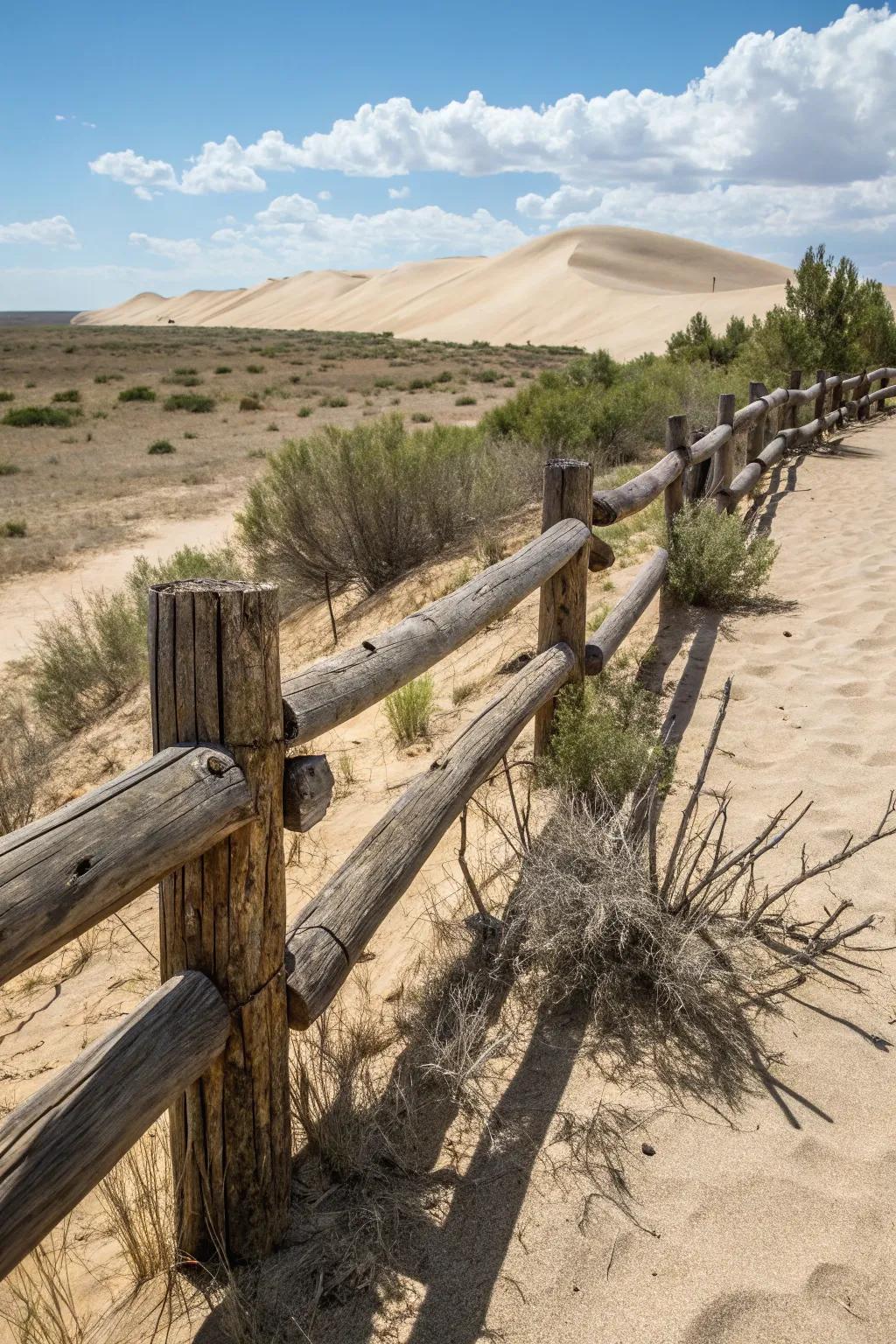 A rustic log fence offers robust charm.