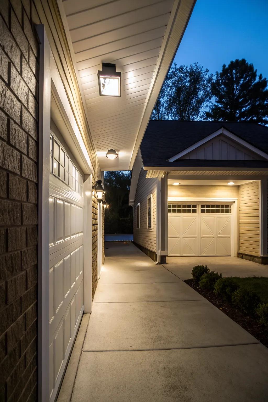 Solar lighting creates an enchanting glow in a breezeway.