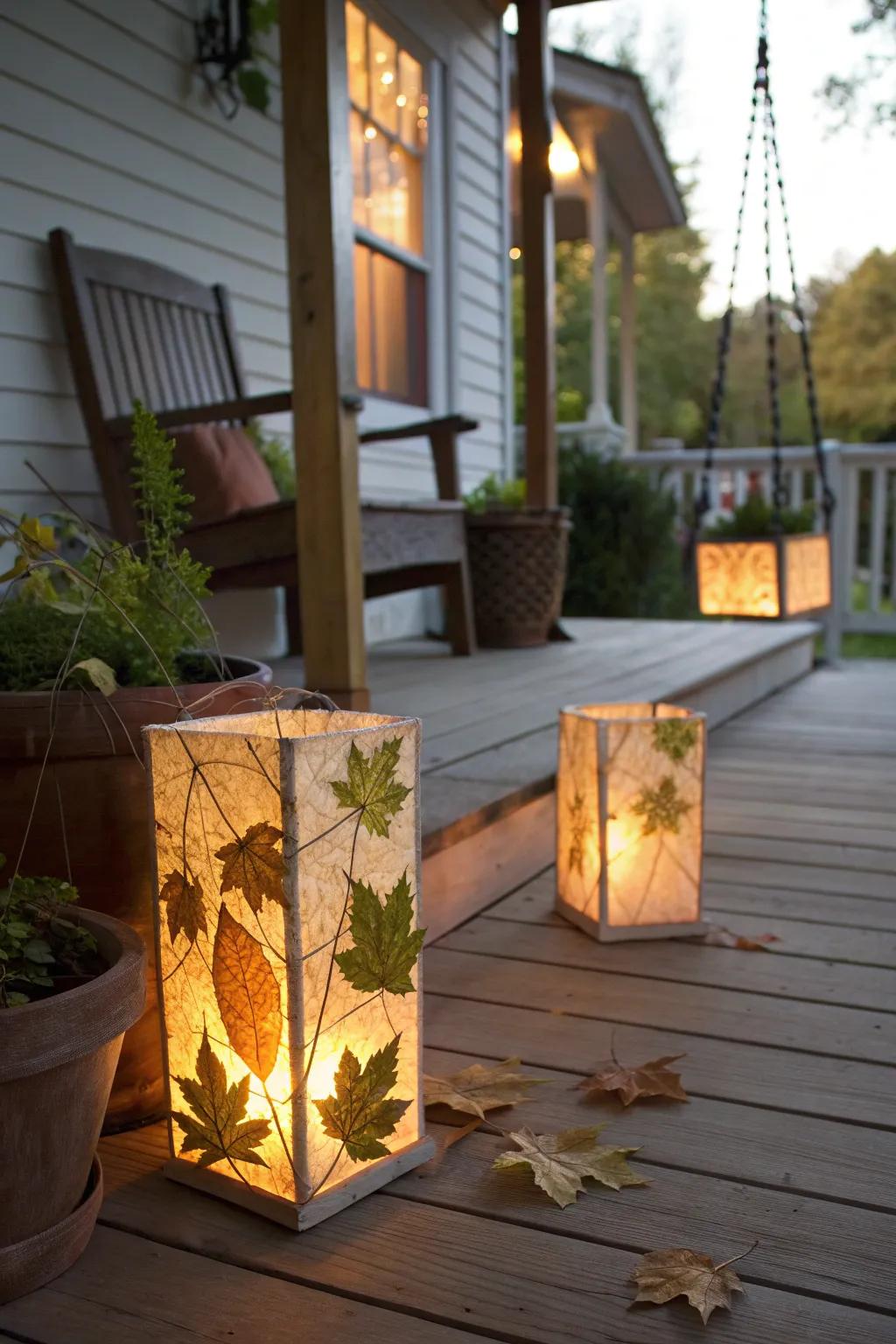 DIY leaf lanterns casting a warm glow.