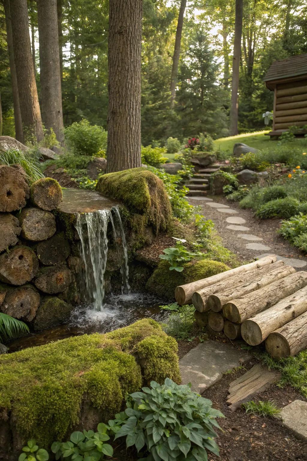 Enhance your woodland garden with a log waterfall.