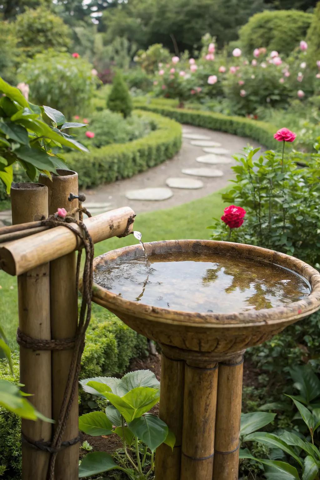Bamboo poles lend an eco-friendly touch to this bird bath.