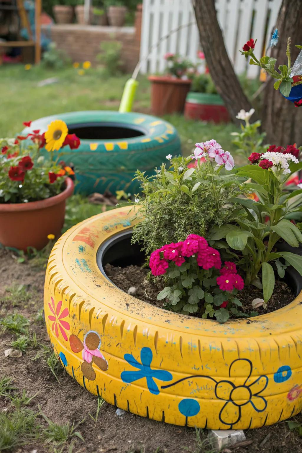 Add a quirky touch with a painted tire plant holder.