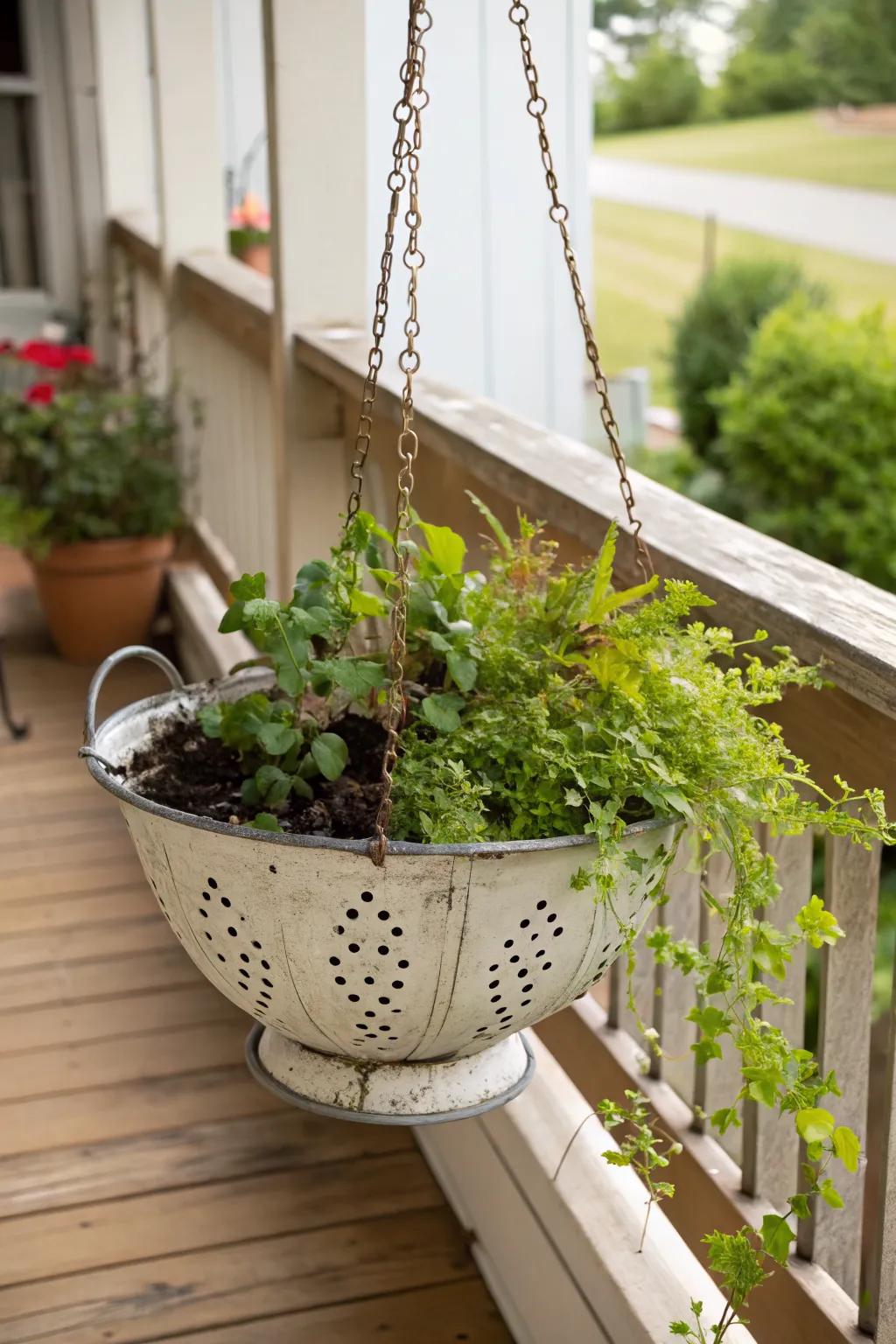 Colander planters add a unique, playful touch to garden decor.