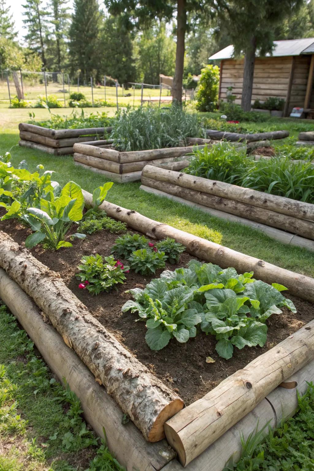 Log edging adds a rustic and natural border to garden beds.