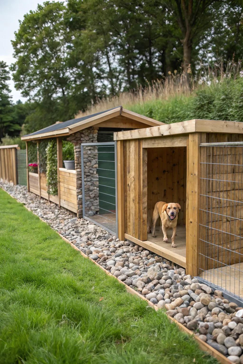 Eco-friendly materials provide sustainable charm to your dog run.