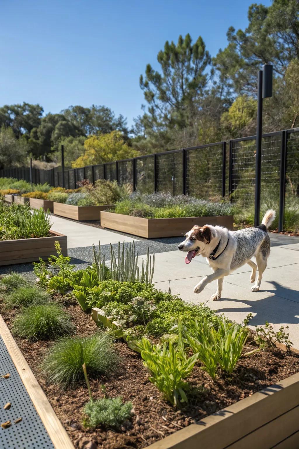 A sensory zone offers rich exploration opportunities in a dog run.