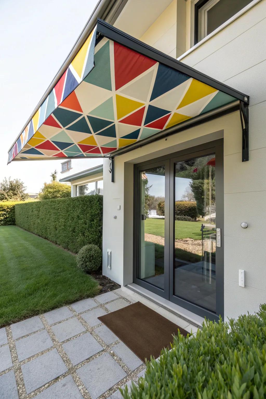 Geometric designs lend contemporary elegance to this awning.