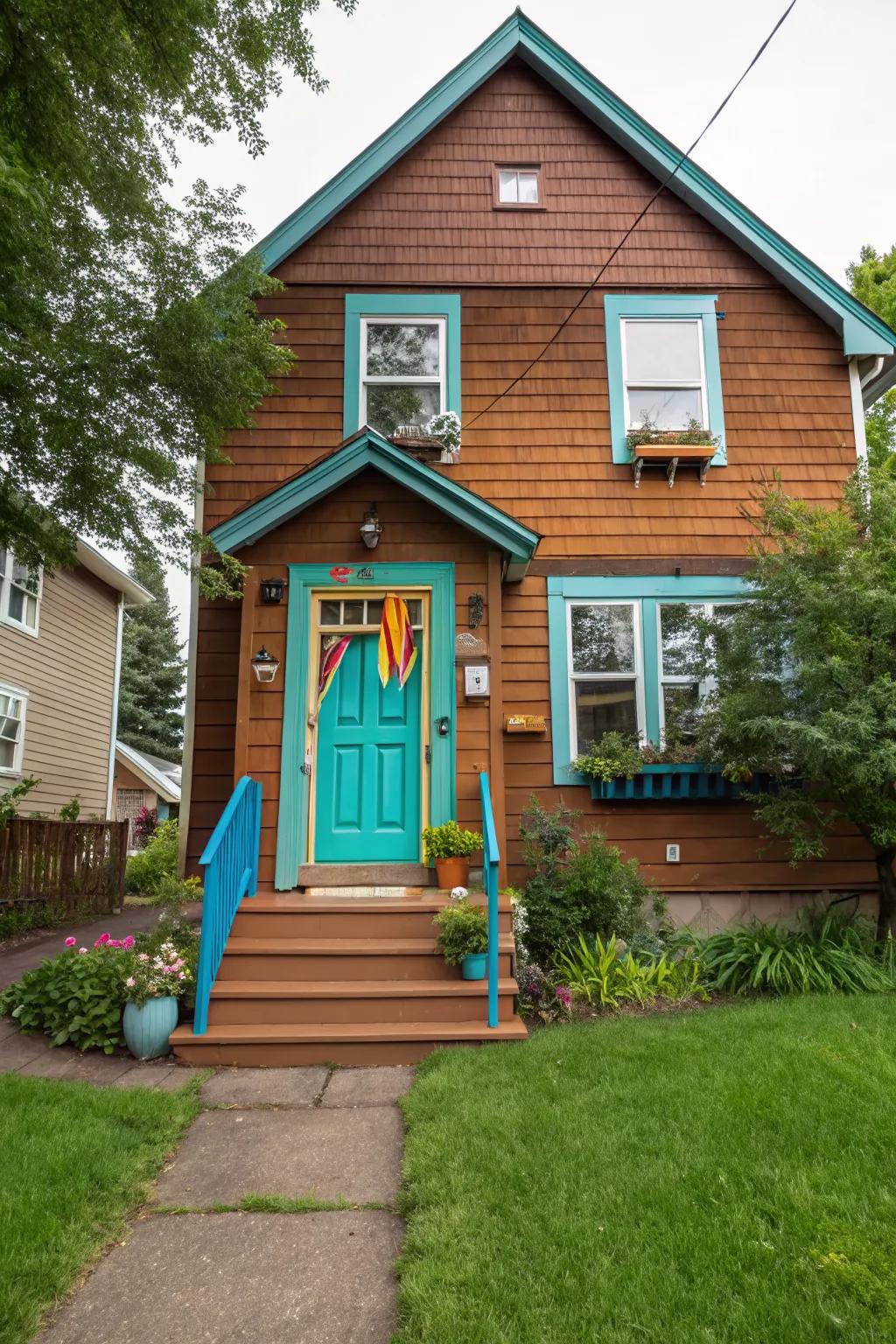 Turquoise doors add a vibrant, playful vibe to brown homes.