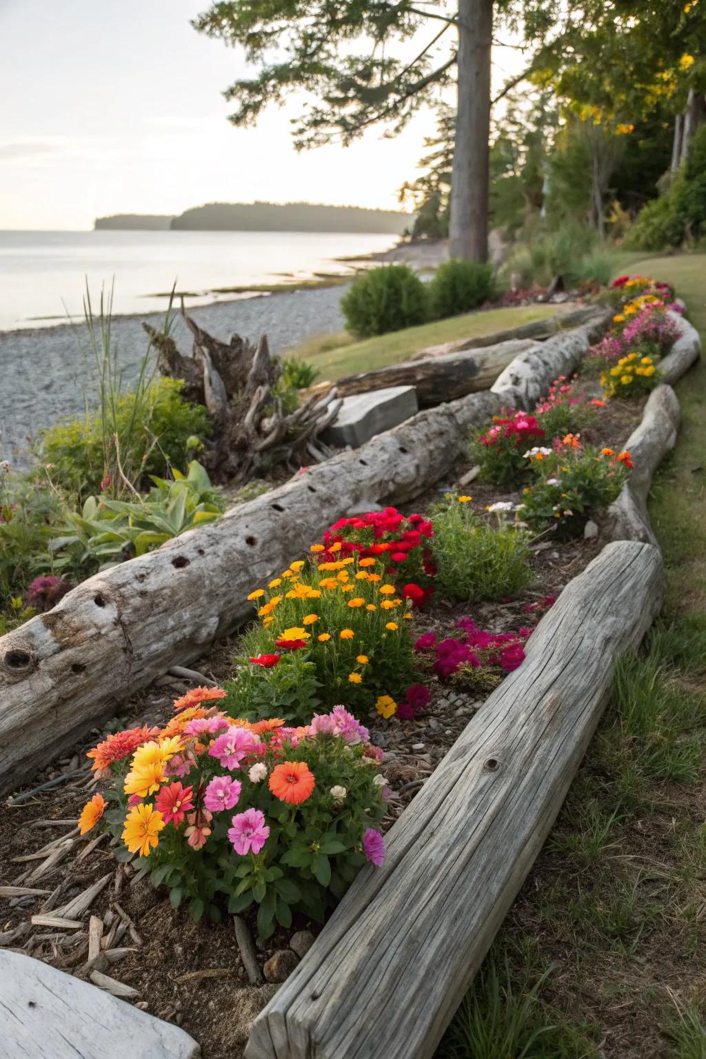 Driftwood borders defining vibrant garden beds.