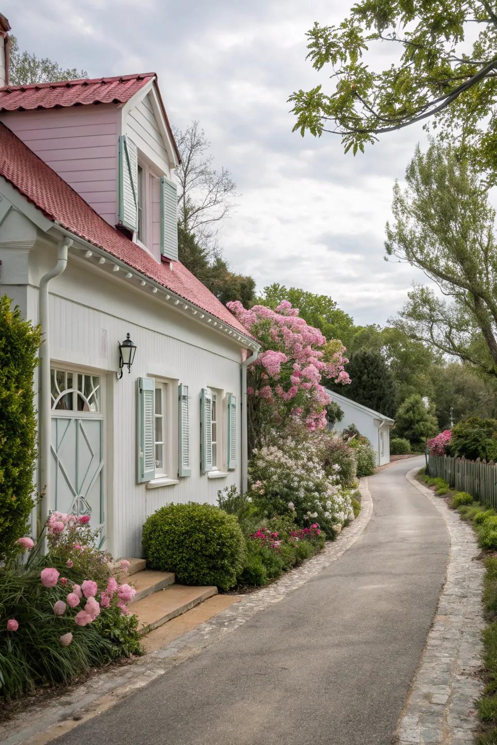 Pastel driveways add a soft, welcoming touch.