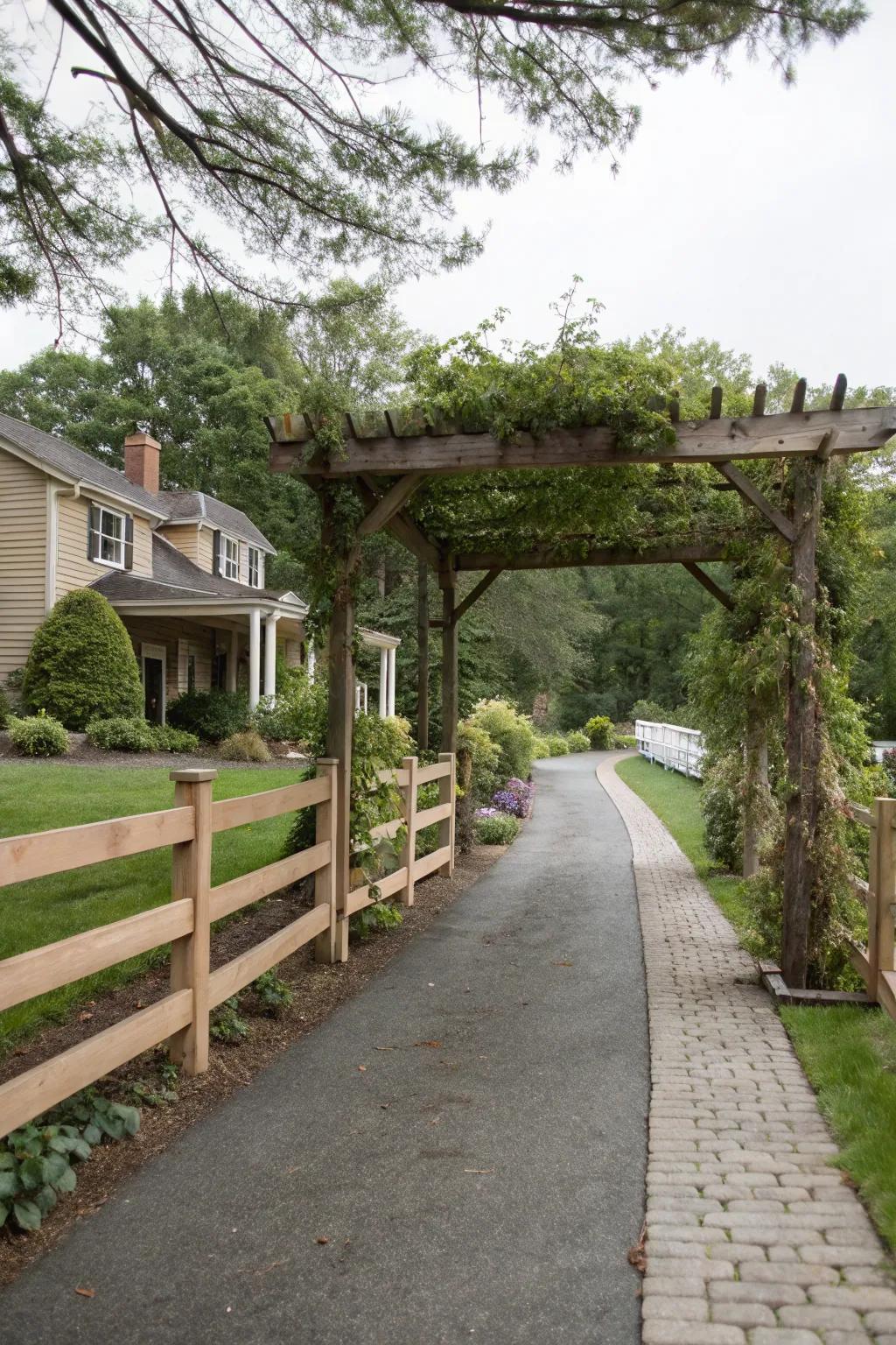 A pergola enhancing the grandeur of a split rail fence.