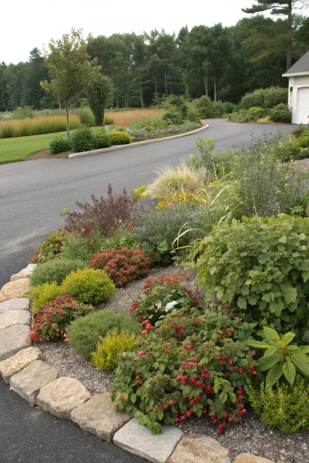 Edible landscaping provides both beauty and bounty to your driveway island.