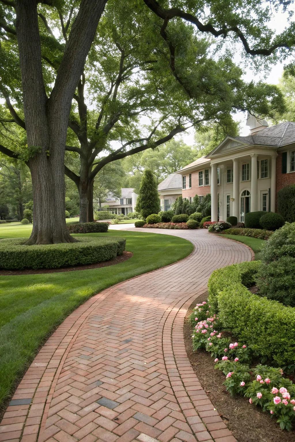 A driveway with timeless and elegant brick pathways.