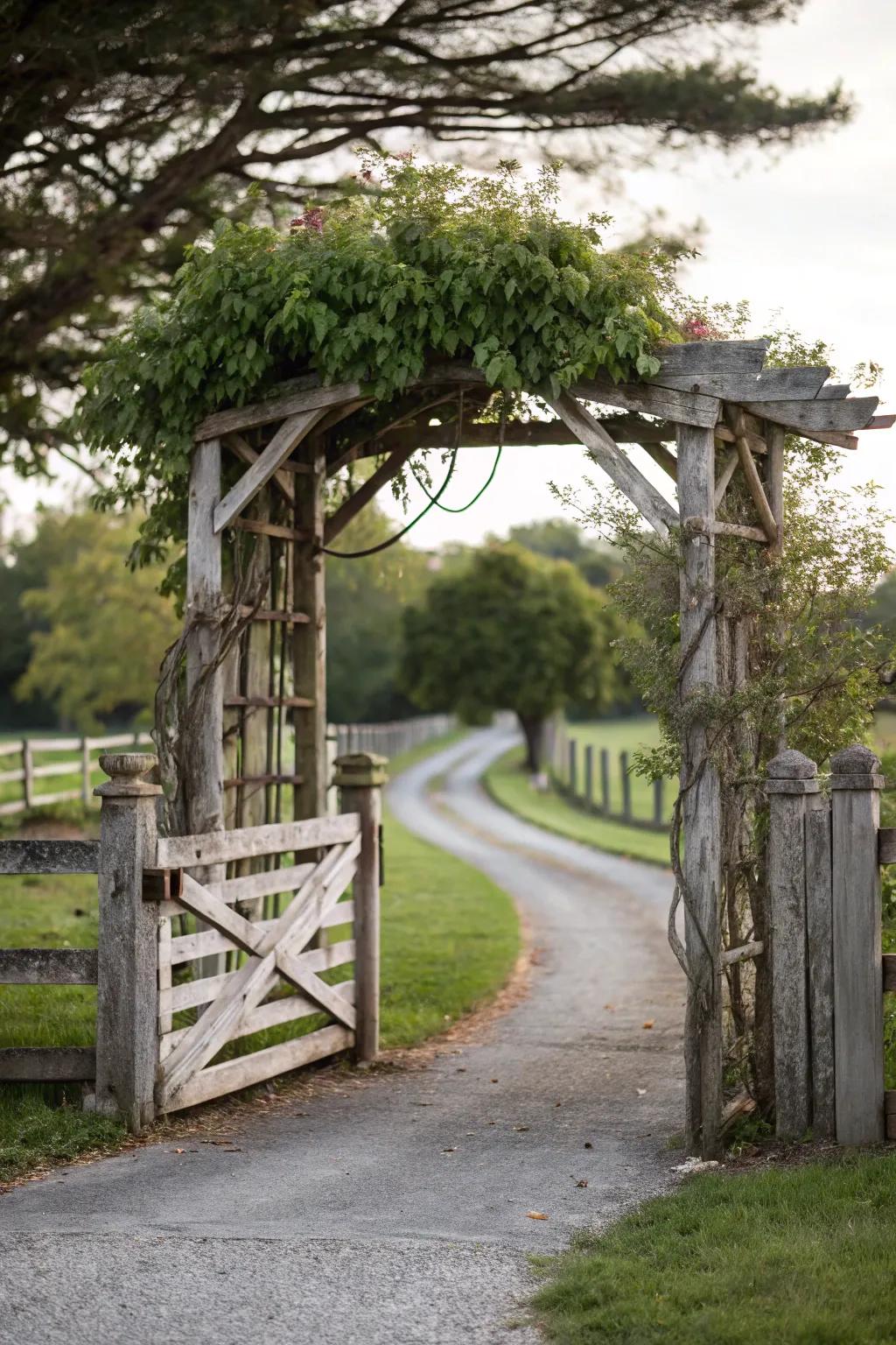 An arbor adds a grand, welcoming touch to a split rail fence.