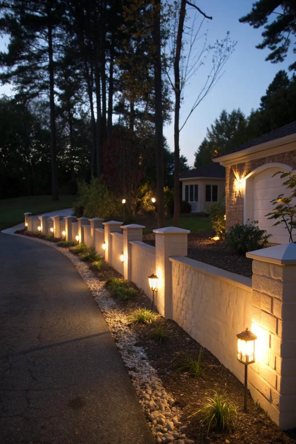 A driveway wall with pathway lights creating a magical ambiance.