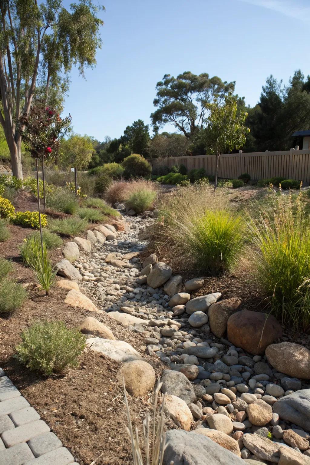 Dry creek beds manage water runoff and add beauty.