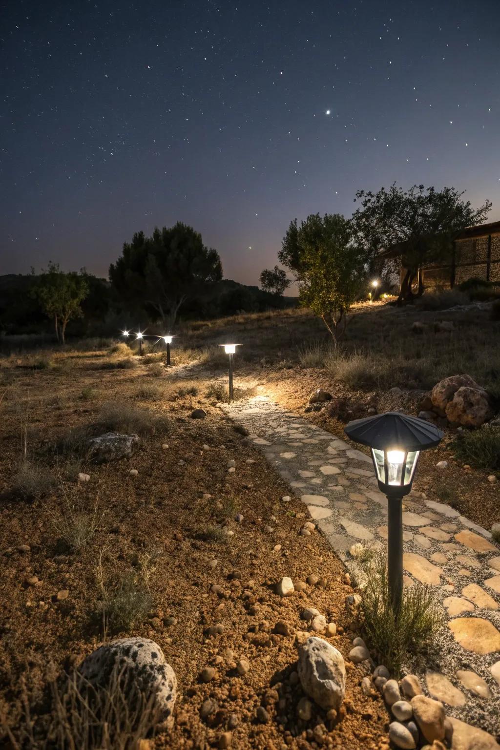 Lighting adding ambiance to a dry garden during the evening.