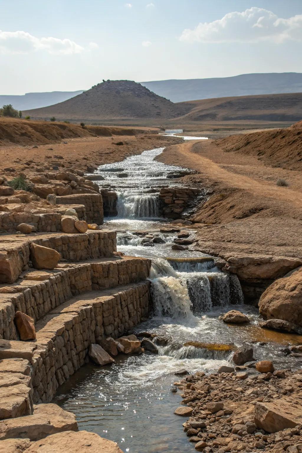 A waterfall effect adds depth and intrigue to a dry river bed.