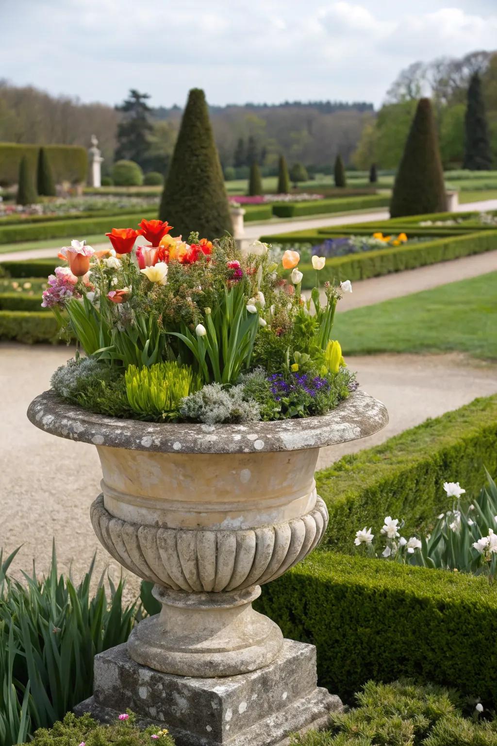 Stone planter elegance with a sophisticated and timeless appeal.