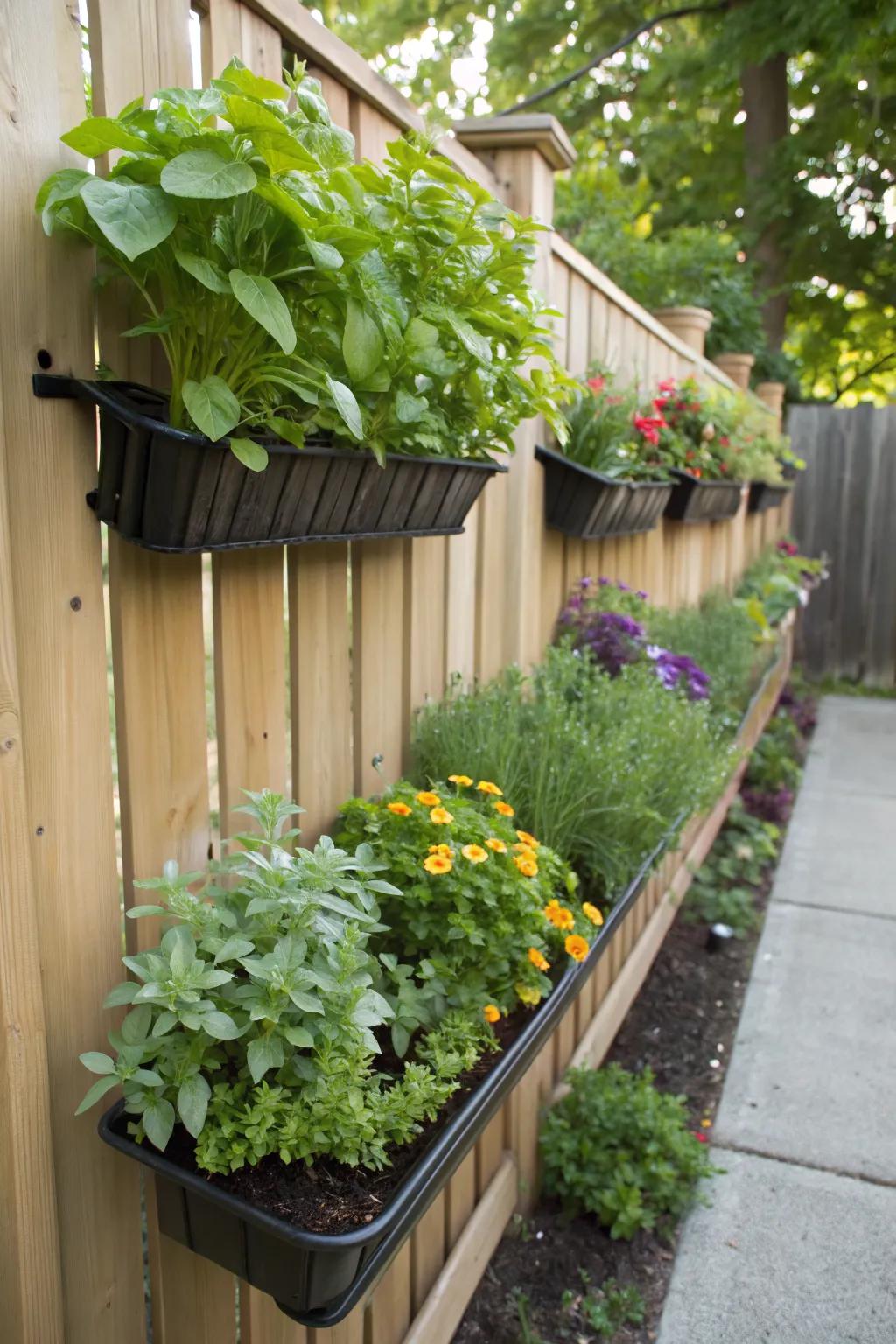 Fence-mounted planters maximize vertical growing space.