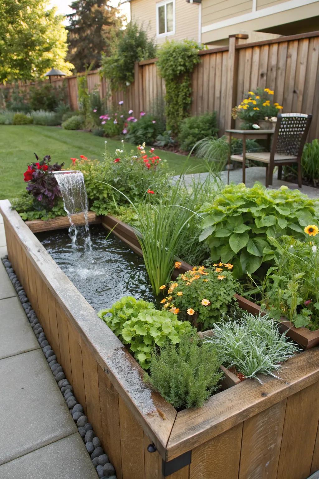 Tranquil garden oasis with integrated water feature.