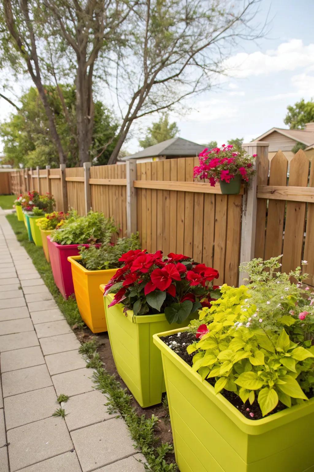 Colorful planters add vibrancy and contrast to the garden.