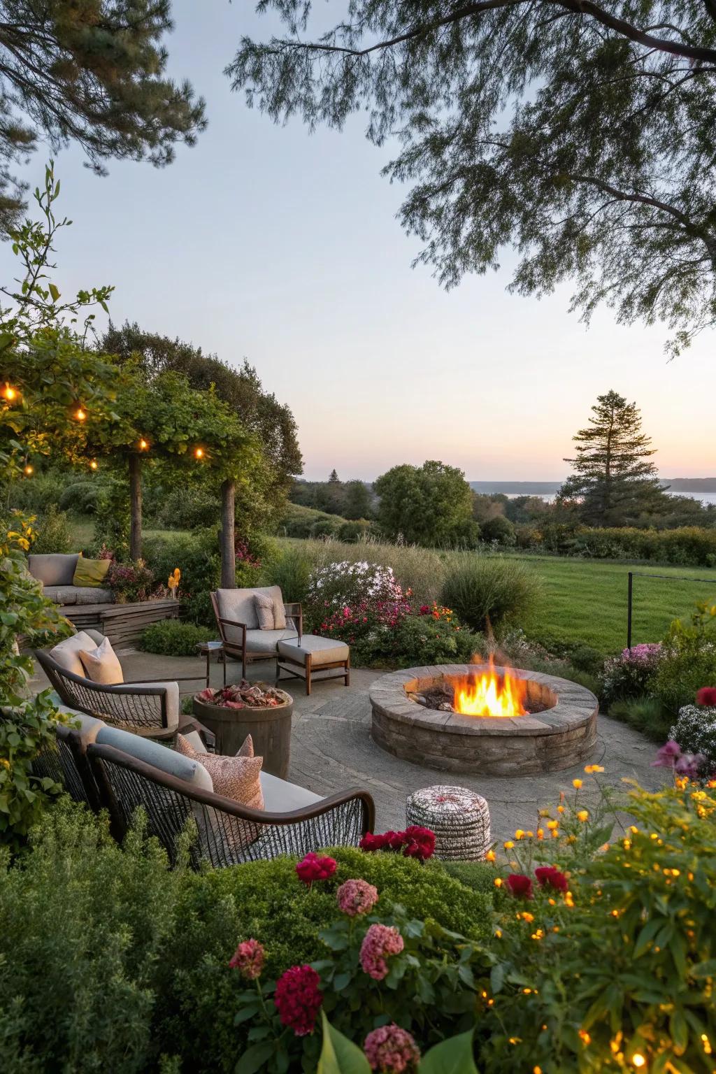 A unique fire pit becomes a cozy focal point for evening gatherings in the garden.