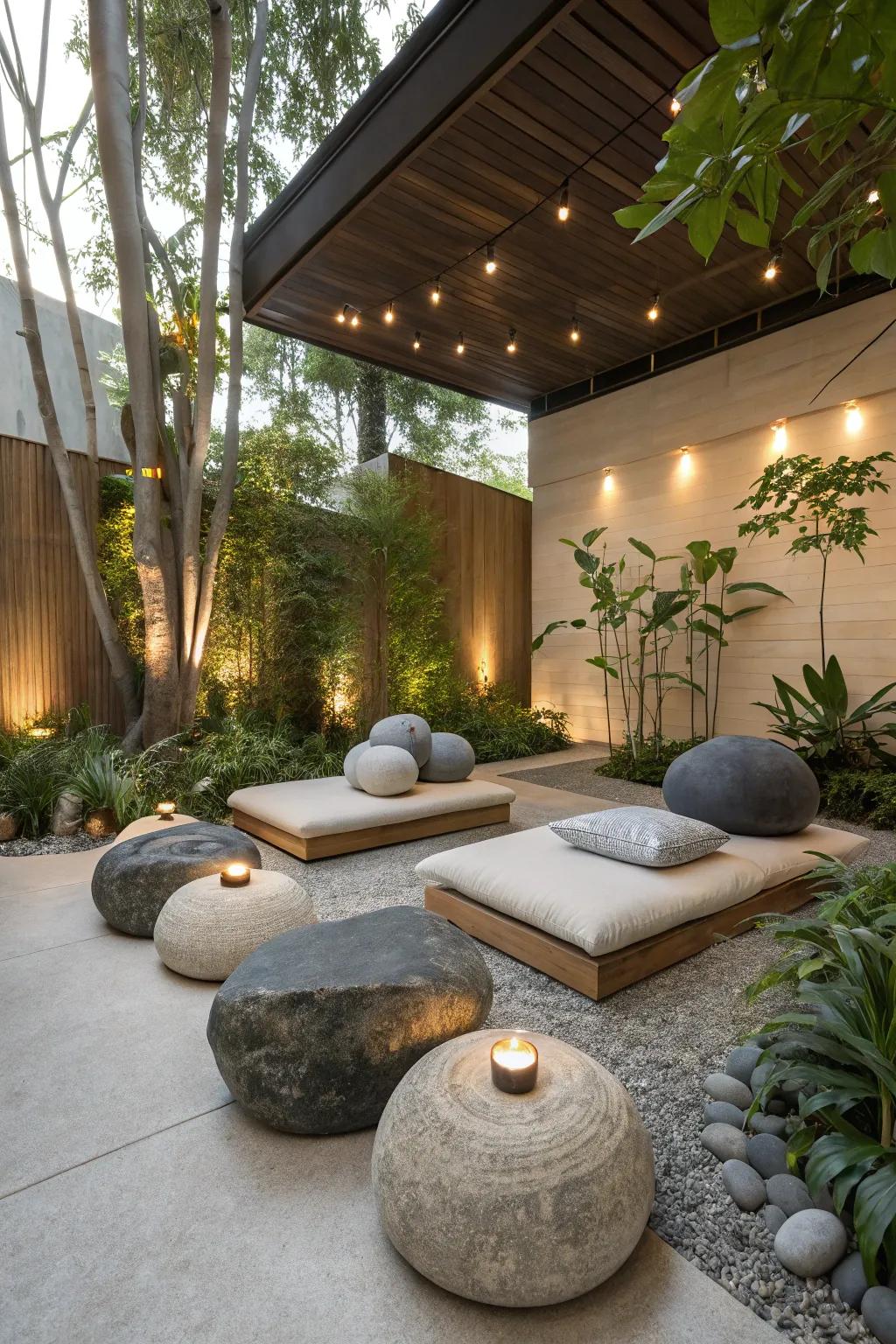 Find peace in a meditation space with egg rocks.