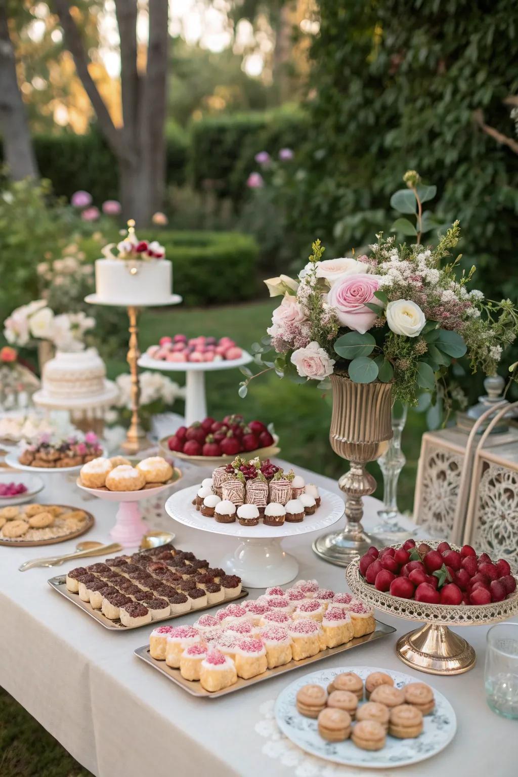 A gourmet dessert table tempts guests with sweet indulgences.