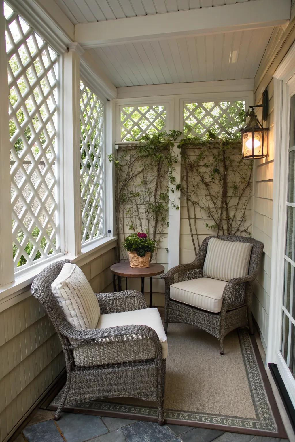Symmetrical furniture arrangement creates balance on a small enclosed porch.