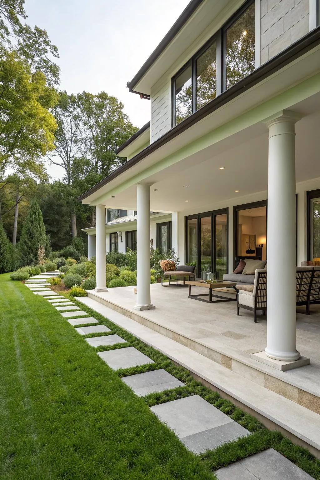 Columns define distinct porch areas.